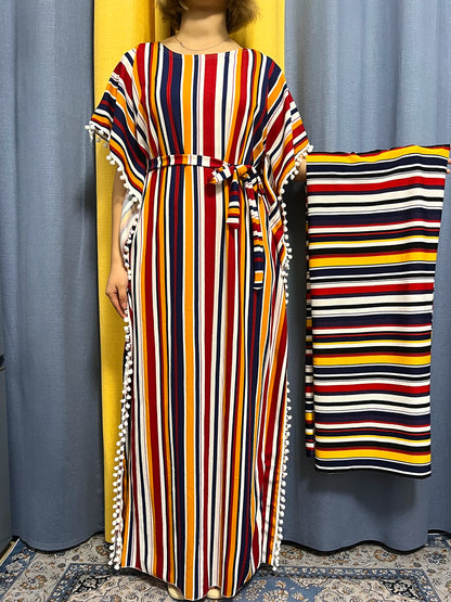 Abayas For Women 2024 Printed Vertical Stripe Tassels Elasticity Loose Fit Femme Robe African Woman Dresses With Belt Headscarf.