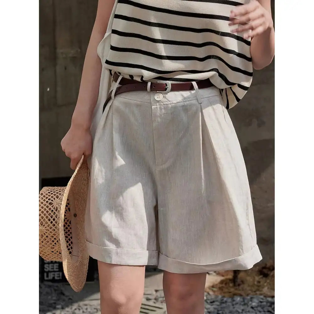 Summer Korea Style Lazy Linen Curled Bermuda Shorts Wide Leg Loose Slim Casual Hot Pants For Women