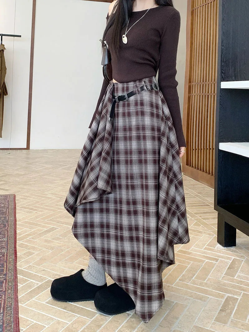 MEXZT Vintage Plaid Woolen Midi Skirt Women Y2K Harajuku Belt Asymmetrical Skirts Winter Gyaru Grunge Korean Design Faldas New.