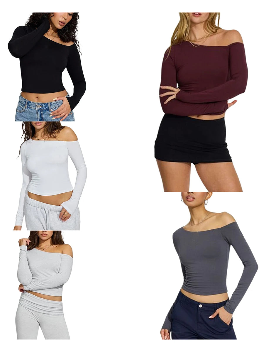 Women's One Shoulder Pullover Tops Slim Fit Solid Color Slash Neck Long Sleeve Showing Navel Asymmetrical Basic Shirt for Fall.