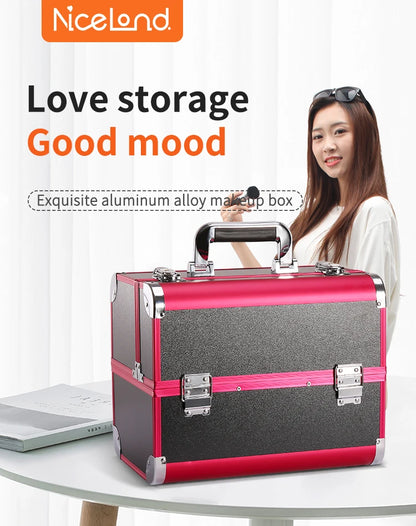 Makeup Train Case Aluminum Alloy Case Pedicure Tool Box with Handle Cosmetic Box Portable Makeup Case Organizer.