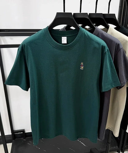 Light luxury 100% cotton men's T-shirt short sleeve round neck skin friendly comfort fashion brand cartoon bear embroidered top.