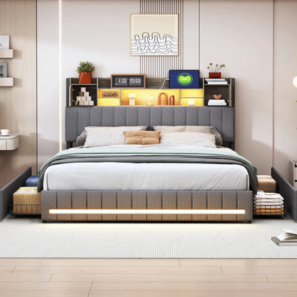 Rosahqnda gepolstertes Doppelbett mit LED-Kopfteil und USB-Anschluss, Stauraumbett mit 4 Schubladen, Leinen, ohne Matratze