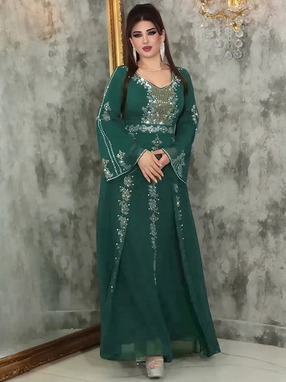 Elegante Frauen Abendkleid Langarm Chiffon Maxi Roben Luxus Diamant Party Kleider Dubai Türkei Abayas Kaftan Marocaine Femme.