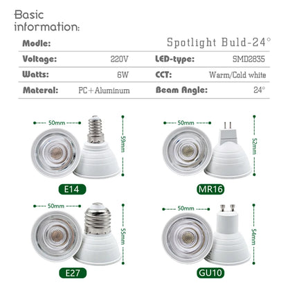 1-10PCS LED Strahler Birne E27 E14 MR16 GU10 AC220V 6W 24/120 Grad Strahl Winkel hohe Lumen Indoor LED Energiesparende Lichter Birne.