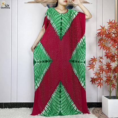 2024 New Muslim Women Dashiki Printed Dress Flower Diamonds Loose Dress With Big Scarf Islamic African Women Short Sleeve Abaya
