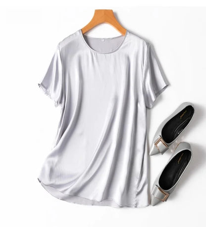 Women 100% Mulberry Silk 19 Momme half sleeve Crew Neck Top Shirt Blouse T-shirt More Colors M L XL MM4270