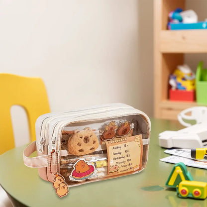 Capybara Kawaii Pencil Case with Compartments Stationary Bag Clear Pen Bag with Sticker Pendant for Office College School.