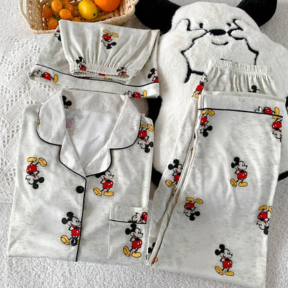 3Pcs Mickey Mouse Pajama Set Women's Summer Short-Sleeved Cute Sleepwear Autumn Student Home Clothes Three-Piece Set Nightgown.