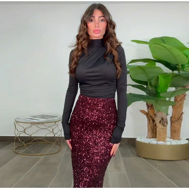 Turtleneck Women Tees Sexy Slim Long Sleeve Pleated All-match Basic Lady T-shirts Spring Autumn Fashion Chic Female Top 2025