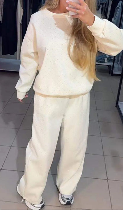 Fall Winter Rhinestone Shiny Loose Fit Set Women O Neck Sweatshirt Pullover Tie-up Pants Tracksuit Retro Loose Sport 2 Pice Set.
