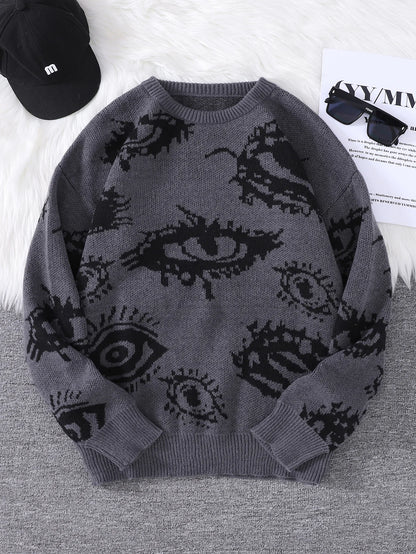 New Popular Autumn and Winter Abstract Eye Jacquard Pattern Pullover Sweater Casual Round Neck Knitted Men's Pullover.