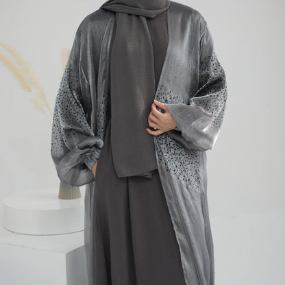 Oem New Design Shinning Polyester Open Abaya and Inner Dress 2 Piece Abaya Set Islamic Clothing Women Muslim Dress.