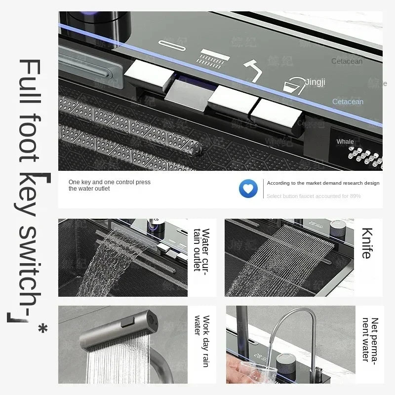 Kitchen 304 Stainless Steel Waterfall Sink, Large Single Slot, Digital Display Embossed Washing Basin Household Dishwashing Sink