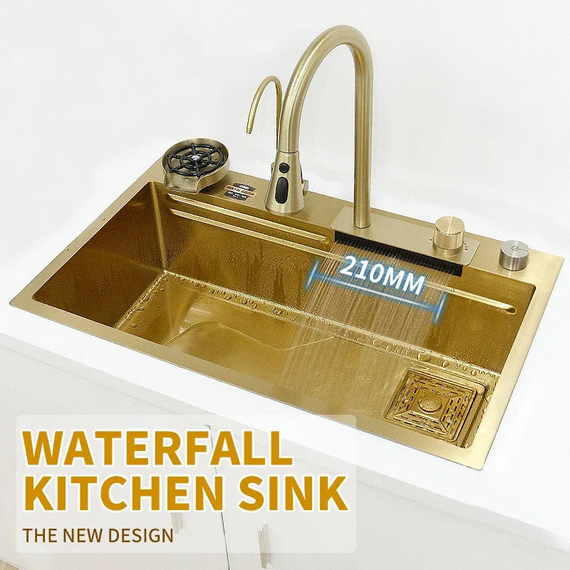 Waterfall Kitchen Sink Gold 304 Stainless Steel Modern Multifuctional Large Sink  Above Counter Apron Front Installation