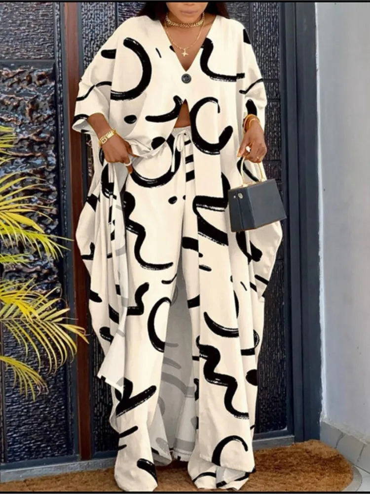 2023 Spring Summer New Women's V-neck Loose Long Sleeved Top Letter Printing Fashion Casual Open Front Women's Pants Set.