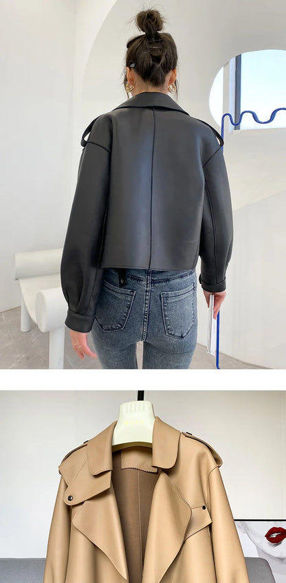 Schaffellmantel für Damen, Lederjacke, Winter, Frühling, Moto, Biker, echt, Top-Qualität, Schwarz.