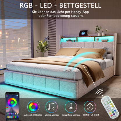 Lazyspace Leinen-Polsterbett, Bettrahmen mit Stauraum, 4 Schubladen, LED-Lichtleiste und USB-Aufladung vom Typ C