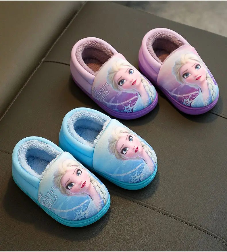 Disney Princess Elsa Winter Children's Heel Cotton Slippers Girls' Warm Frozen Kids' Cotton Black Purple Flats Shoes Size 24-40