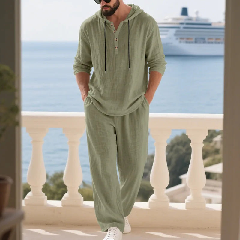 Cross-border Autumn Linen Men's Casual Suit Loose Hooded Henley Shirt Long Sleeve Pants Suit.