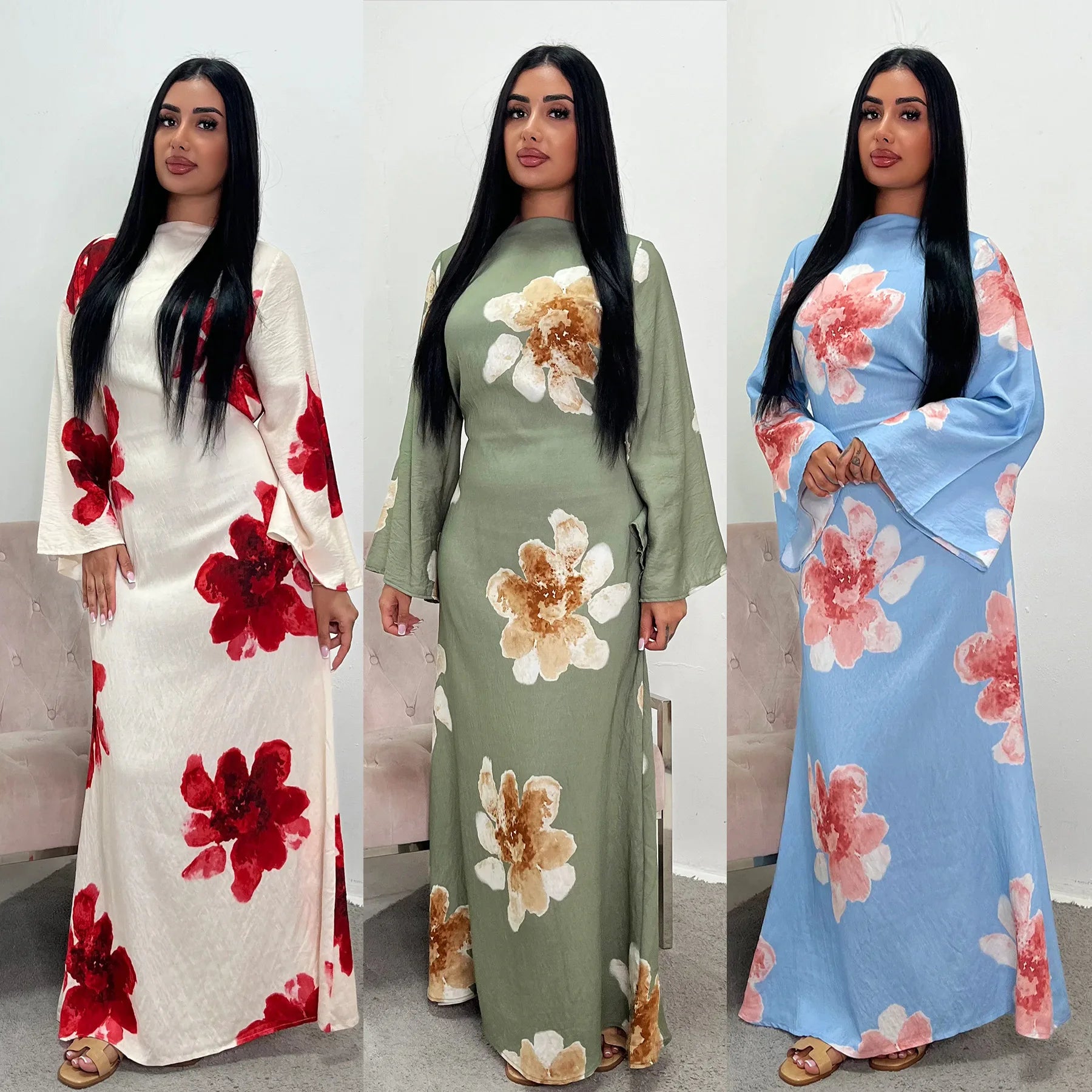 Arabesque Bell Sleeve Flowy Maxi Abaya Dress Elegant Floral Print Muslim Modest Long Dress Islamic Vacation Outfit Summer Robe.