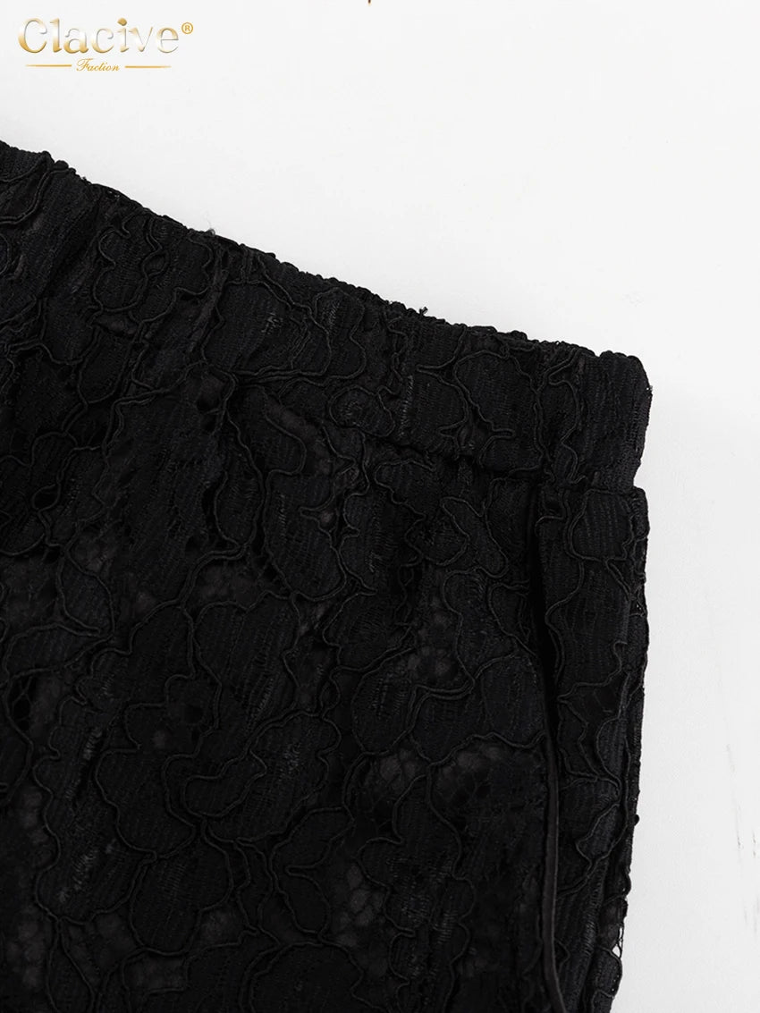 Clacive Sexy Loose Black Lace See Through Trousers Sets Women 2 Pieces Fashion Long Sleeve Shirt With High Waist Wide Pants Set.