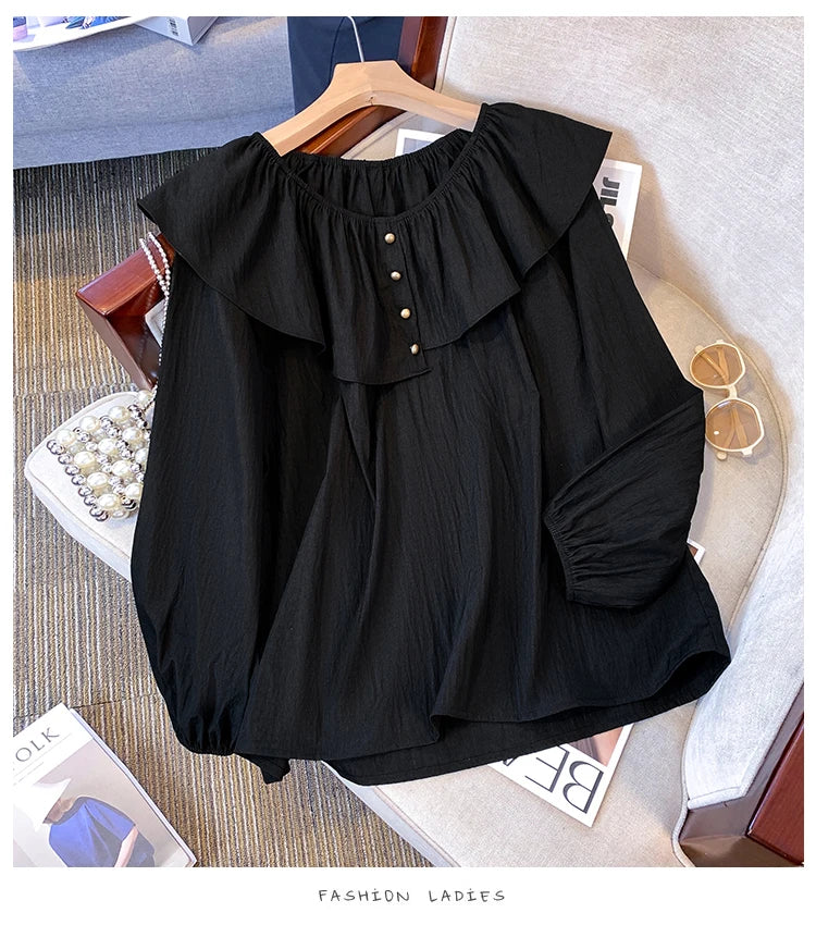 2025 French Large Size Long Sleeve O-neck Solid Color Loose Ruffle Shirt Ladies Spring Autumn Plus Size Blouses for Women.
