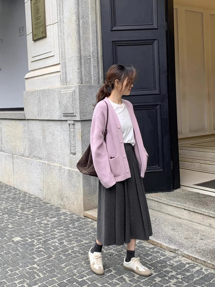 Thick Hepburn Style Woolen Pleated Skirt High Waist Slimming Casual Half Skirt Women Autumn Winter Unique Long Skirt.