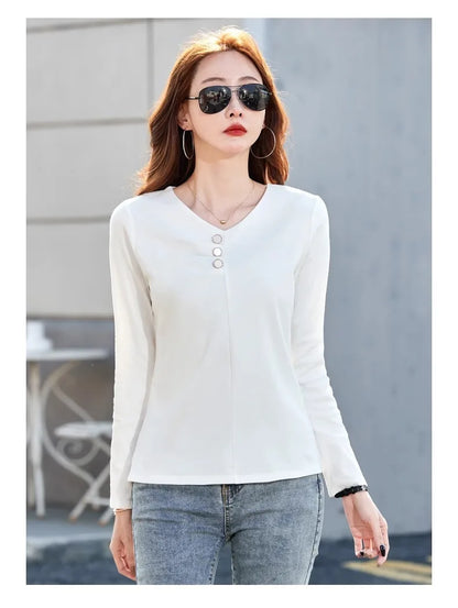 Wine red pure cotton long sleeved t-shirt for women's spring and autumn new style V-neck fashionable casual plus size loose top.