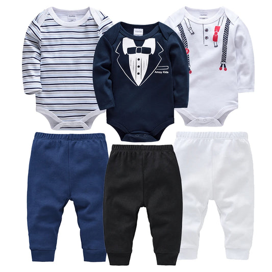 3 Stücke Baby Jungen Kleidung Neugeborenen Bebe Jungen Strampler Set Krawatte Drucken Langarm Cartoon 100% Baumwolle Body Overall Kleidung 3 ~ 24 Mt.