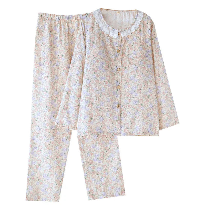 Spitzen-Design, Rundhals-Pyjama-Set aus Baumwolle, doppellagig, Gaze, für Damen, vier Jahreszeiten, dünne, langärmelige Hosen, Strickjacken, Kleidung.