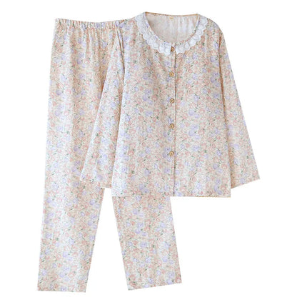 Spitzen-Design, Rundhals-Pyjama-Set aus Baumwolle, doppellagig, Gaze, für Damen, vier Jahreszeiten, dünne, langärmelige Hosen, Strickjacken, Kleidung.