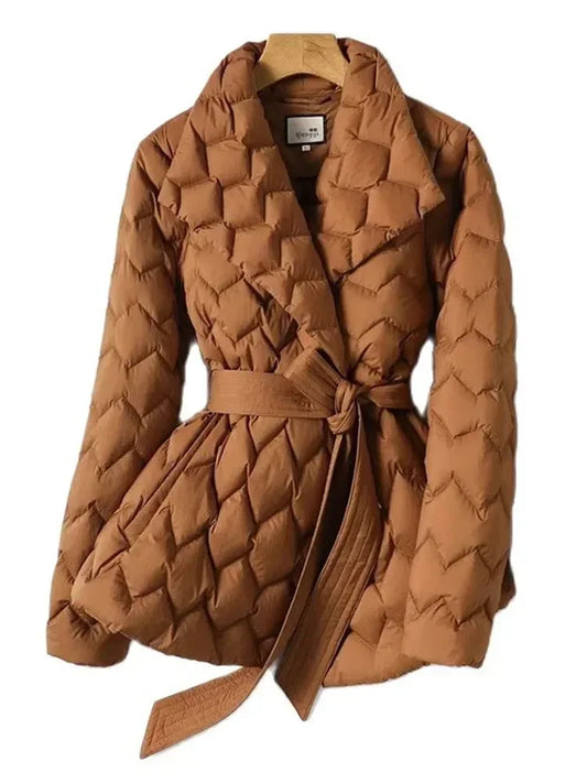 Leichte Daunen jacke mit Gürtel Frauen eleganter Krawatten gürtel lange Baumwolle weiße Ente Daunen Parka weibliche Damen Jacken Winter neu 2024