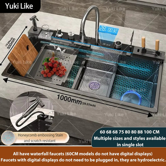 Stainless Steel Waterfall Kitchen Sink New Embossed Extra Large Single Slot Modern Digital Display Dishwashing Basin