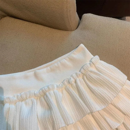 Sweet Puffy Cake Women Skirts Korean Fashion Ruched Ruffle Mini Skirt Campus Harajuku Casual Versatile Elastic Waist Solid Skirt.