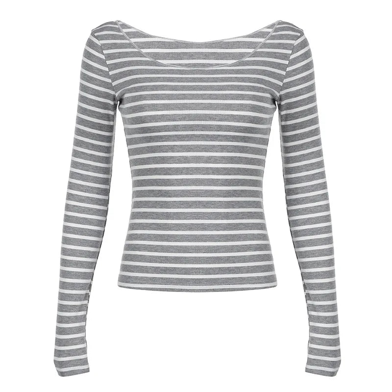 Spring Fall Women's New Japanese Basic Models Slim Long-Sleeved Striped t-Shirt Strapless Korean Street Style y2k Thin Tops.