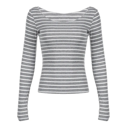 Spring Fall Women's New Japanese Basic Models Slim Long-Sleeved Striped t-Shirt Strapless Korean Street Style y2k Thin Tops.
