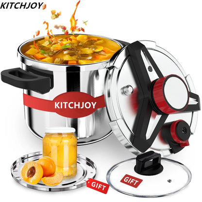 KITCHJOY 3in1 Stainless Steel Pressure Cooker 6L 8L 10L 12L Pressure Canner Induction Compatible Glass Lid Steamer Rack Included.