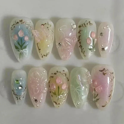 24Pcs Pink Almond False Nails Butterfly Ballet with French Design Wearable Fake Nails Simple Artificial Press on Nails Tips Art.