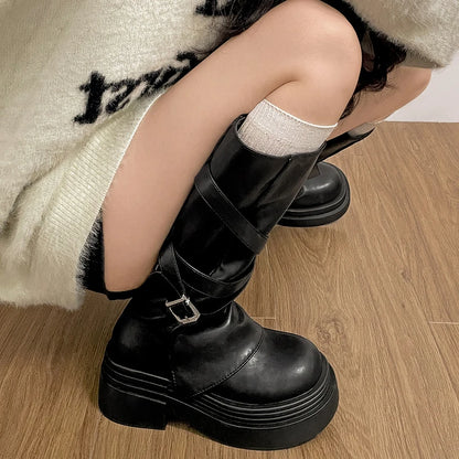Vintage Thick Heel Women Knight Long Boots Fashion Slip On Knee High Booties Autumn Winter Shoes Zapatos De Mujer.