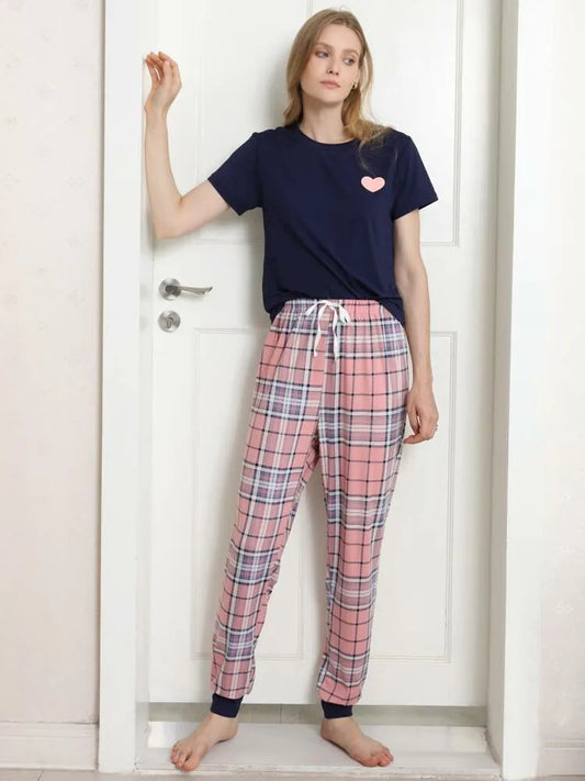 Zweiteilige Damen New Style Love Pattern Kurzarm Bluse Plaid Hose Casual Pyjamas Home Anzug