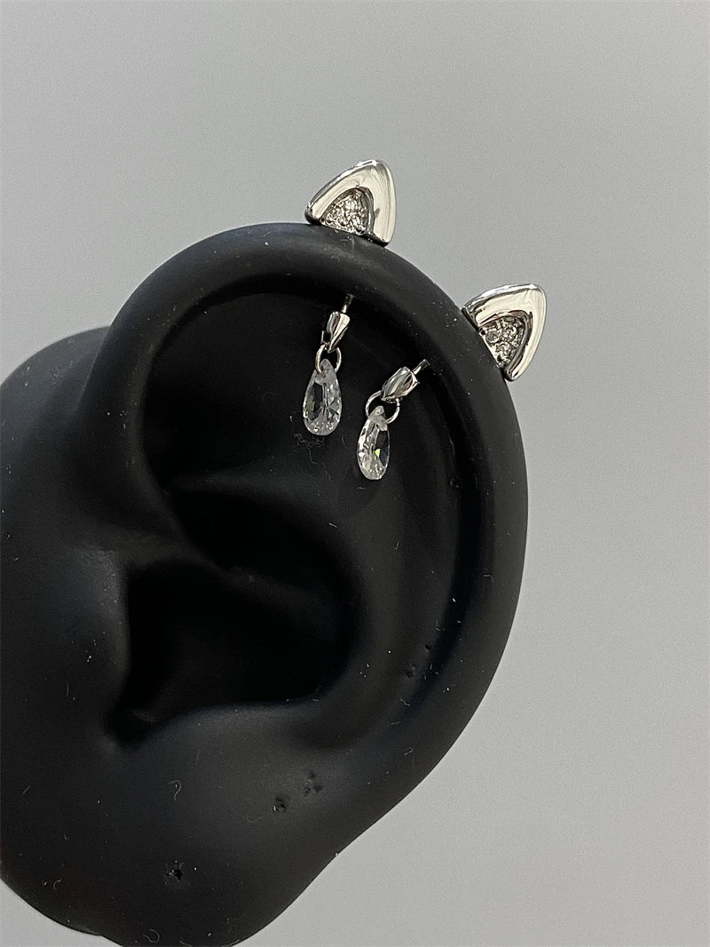 Silver Color Cat's Ear Droplet Shaped Zircon Stainless Steel Ear Bone Nail Earring for Women New Trendy Body Piercing Accessorie.