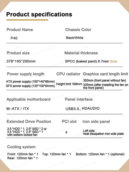 Power Train P40 MATX Mesh Case Handheld DIY Mini Compact ITX Type-c Desktop Game Computer Chassis Supports 350mm Graphics Card.
