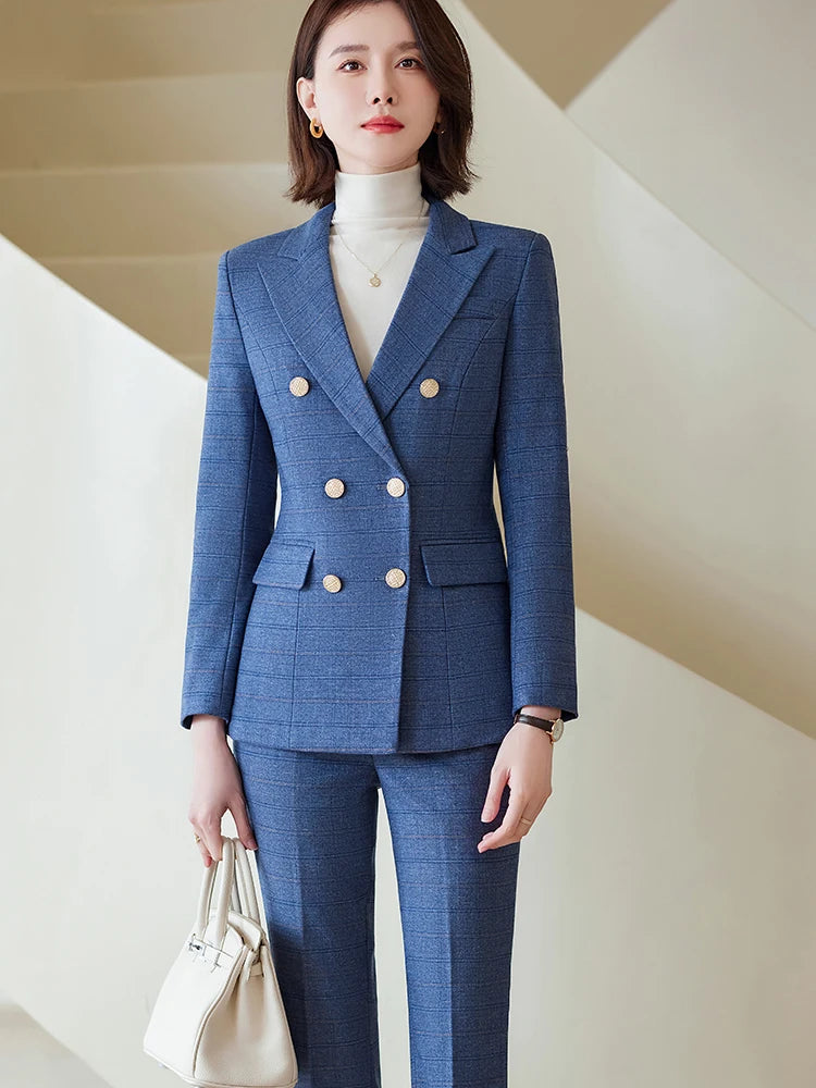 Autumn Winter Red Coffee Blue Black Ladies Pant Suit Women Female Business Work Wear Plaid Jacket and Trouser Blazer 2 Piece Set.