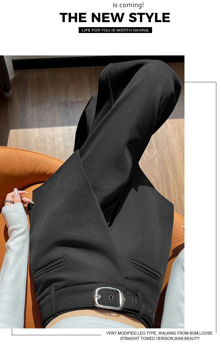 Design Style Fake Two-piece Curtain Suit Pants Women Fall High Waisted Wide Leg Trouser Office Ladies High Quality Straight Pant.