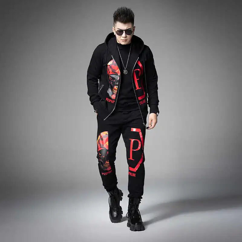 2024 Mens Two Piece Sets Fashion Streetwear Casual Winter Suits Skull Pattern Hooded Black Tracksuit Men Clothes Ropa De Hombre.