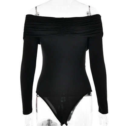 Cryptographic Fashion Off Shoulder Ruched Wrap Bodysuits Outfits for Women Elegant Skinny One Piece Long Sleeve Tops Solid.