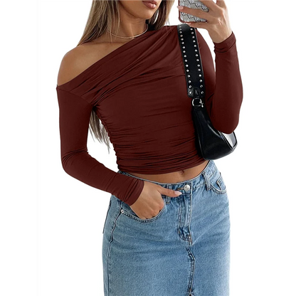 NEW-Women's Casual Long Sleeve Boat Neck Off Shoulder Slim Fit Crop Top Going Out Blouses Y2K Tight Shirts.