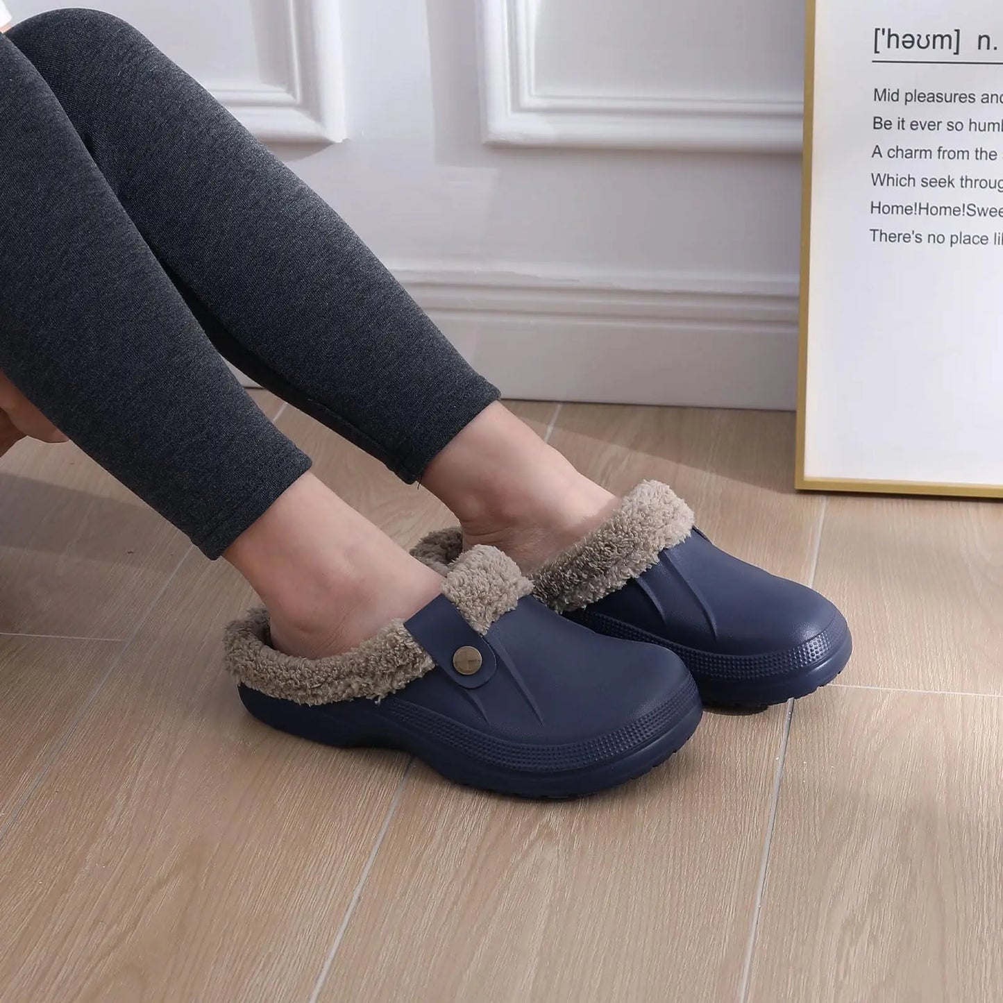 Eyriphy Classic Fur Lined Clogs For Women Waterproof Winter Fuzzy Slippers Mens Cotton Shoes For Indoor And Outdoor Rubber Soles.