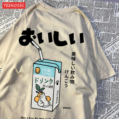 Cute Japanese Cat Print Oversized T-shirt Women Men Short Sleeve Loose Casual Tee Shirt Streetwear Tops Cotton Harajuku Clothing